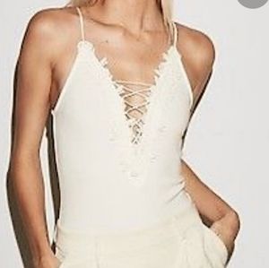 Express Womans‎ White Lace Up Plunge Ribbed Bodysuit Edged in Lace Size Small